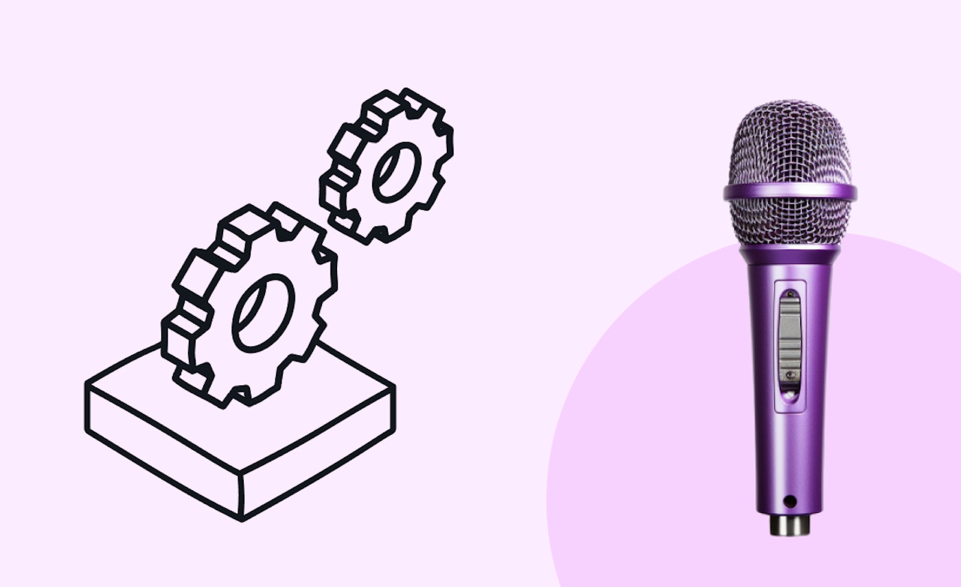 Illustration of two cog wheels, and a photo of a microphone on a light purple background