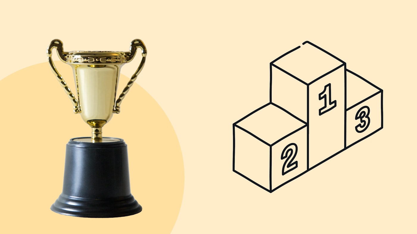 Illustration of a winner stage and a photo of a trophy on a light yellow background