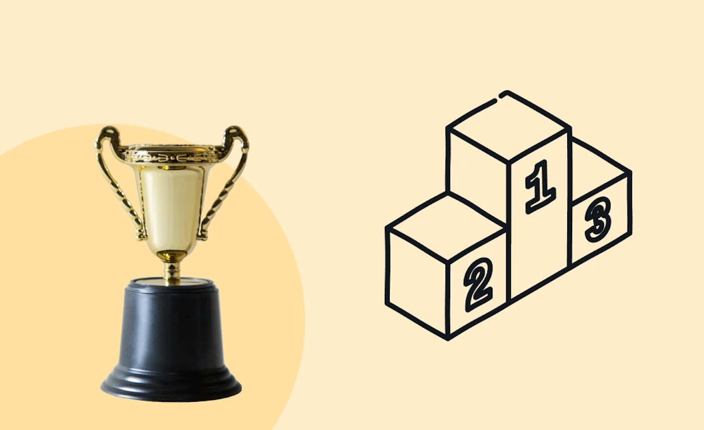 Illustration of a winner stage and a photo of a trophy on a light yellow background