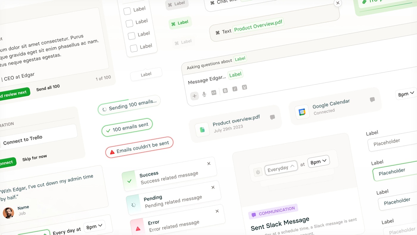 A crop of design system user interface elements with mainly light beige background and green accent colors positioned neatly next to each other. The elements as a whole are slightly tilted.