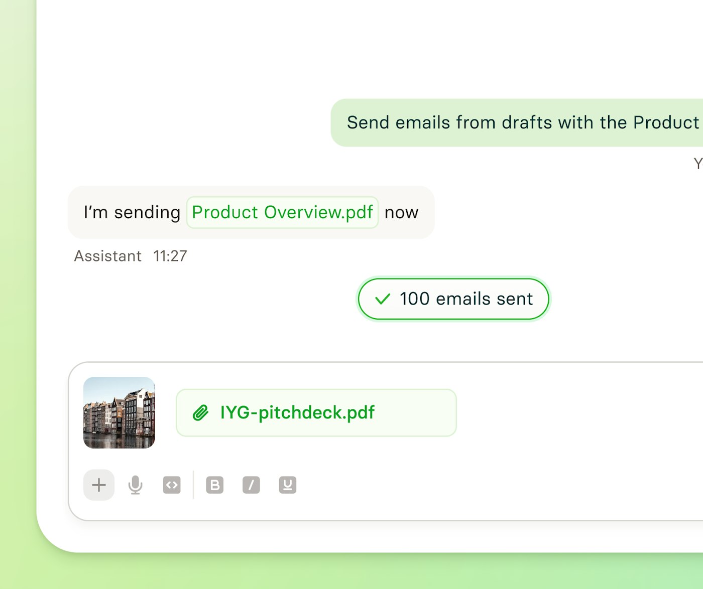 Chat like interface that shows gray and green speech bubbles on a white background.