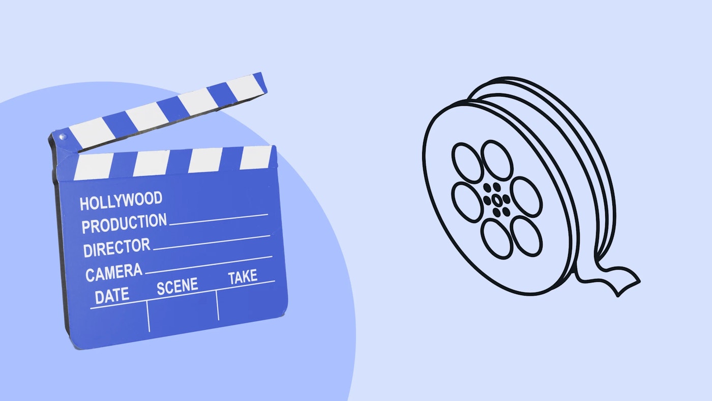 Illustration of a film roll, and a photo of a director clap board on a light blue background