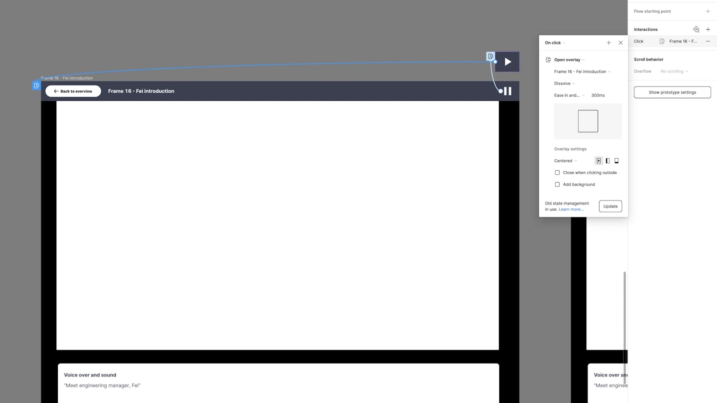 Screenshot of software tool Figma with a design in the main panel and a popover menu that displays prototype related options.