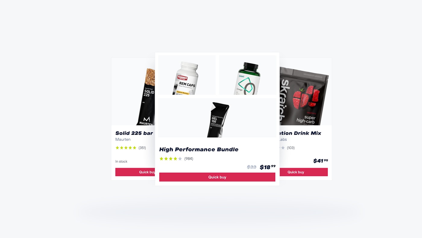 A stack of three ecommerce website product cards that each show slightly titled product photos, a product name and a red purchase button. Only the product card in front is fully visible.
