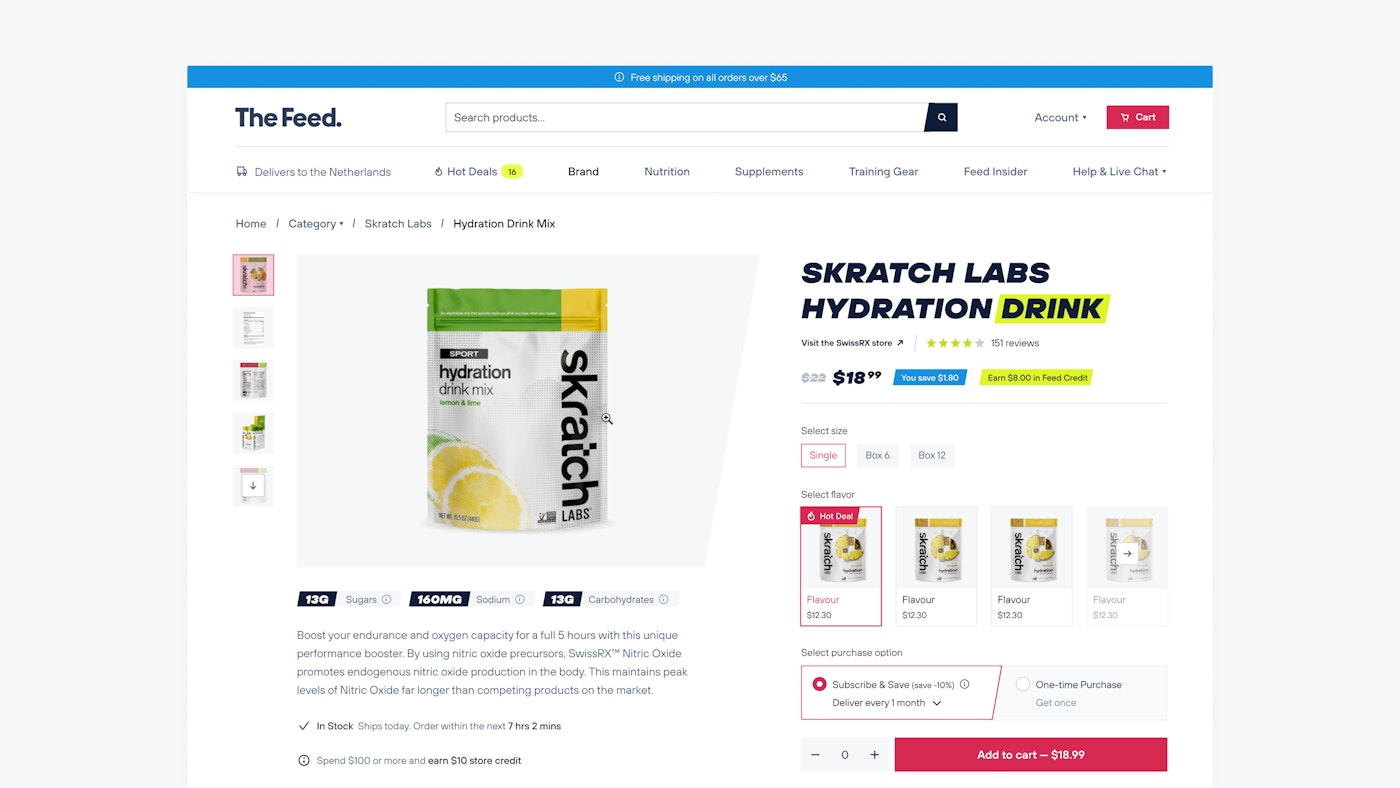 A crop of a ecommerce website header that is characterized by a bright blue top bar, a horizontal navigation, a large product photo, product specifications and a red 'add to cart' button.