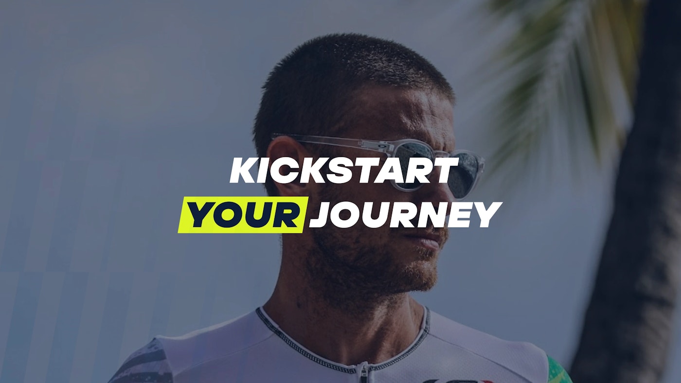 Crop of a photo that shows a runner overlaid with a semi transparent blue hue. In the center, also overlaying the photo, is text that reads 'kickstart your journey'.