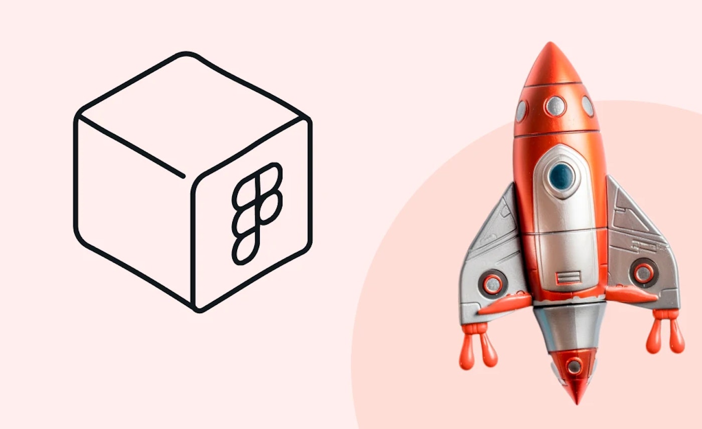 Illustration of a cube with the Figma logo on the front and a photo of a toy rocket on a light red background