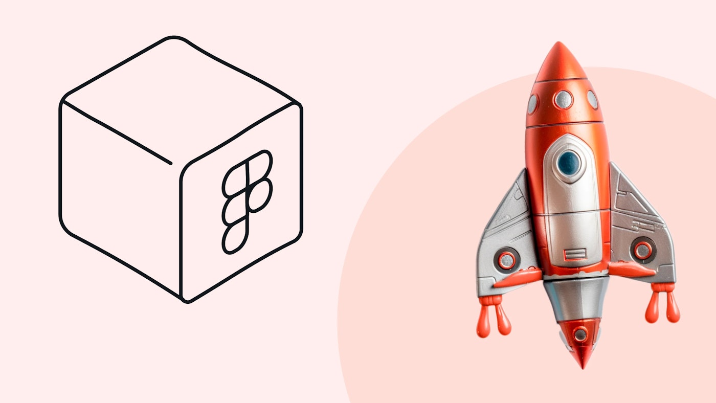 Illustration of a cube with the Figma logo on the front and a photo of a toy rocket on a light red background