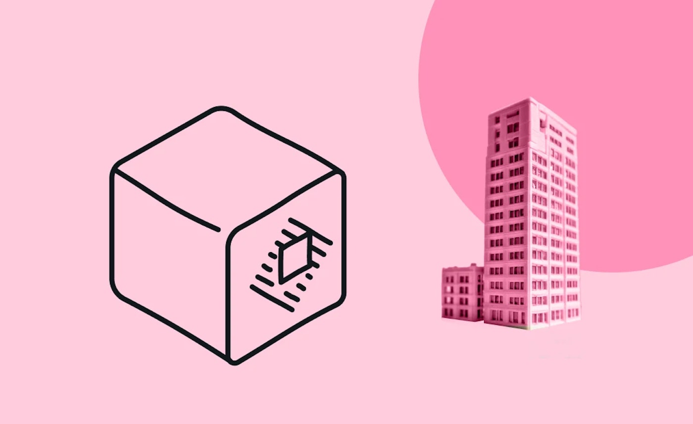 Illustration of a cube with the Raycast logo on top, and a photo of an office building on a pink background