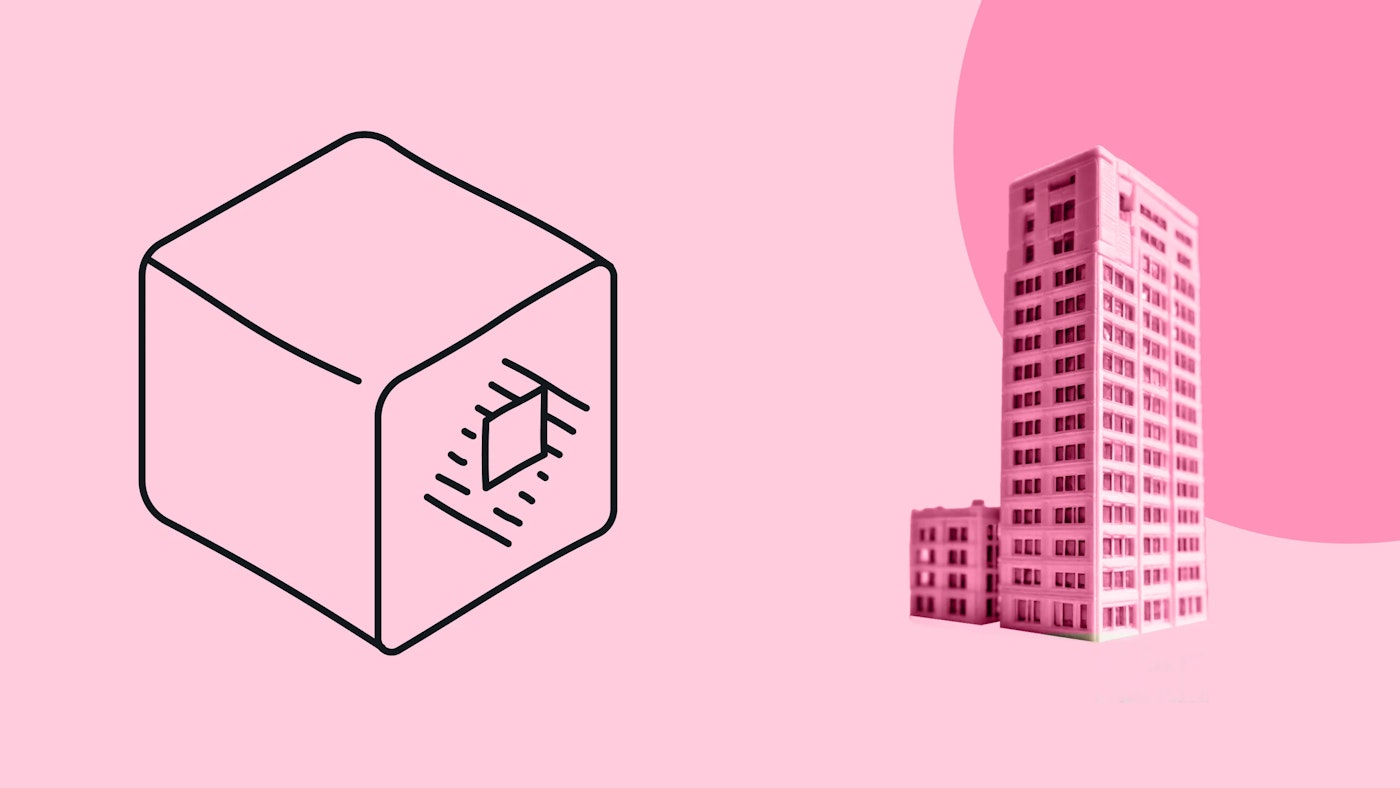 Illustration of a cube with the Raycast logo on top, and a photo of an office building on a pink background