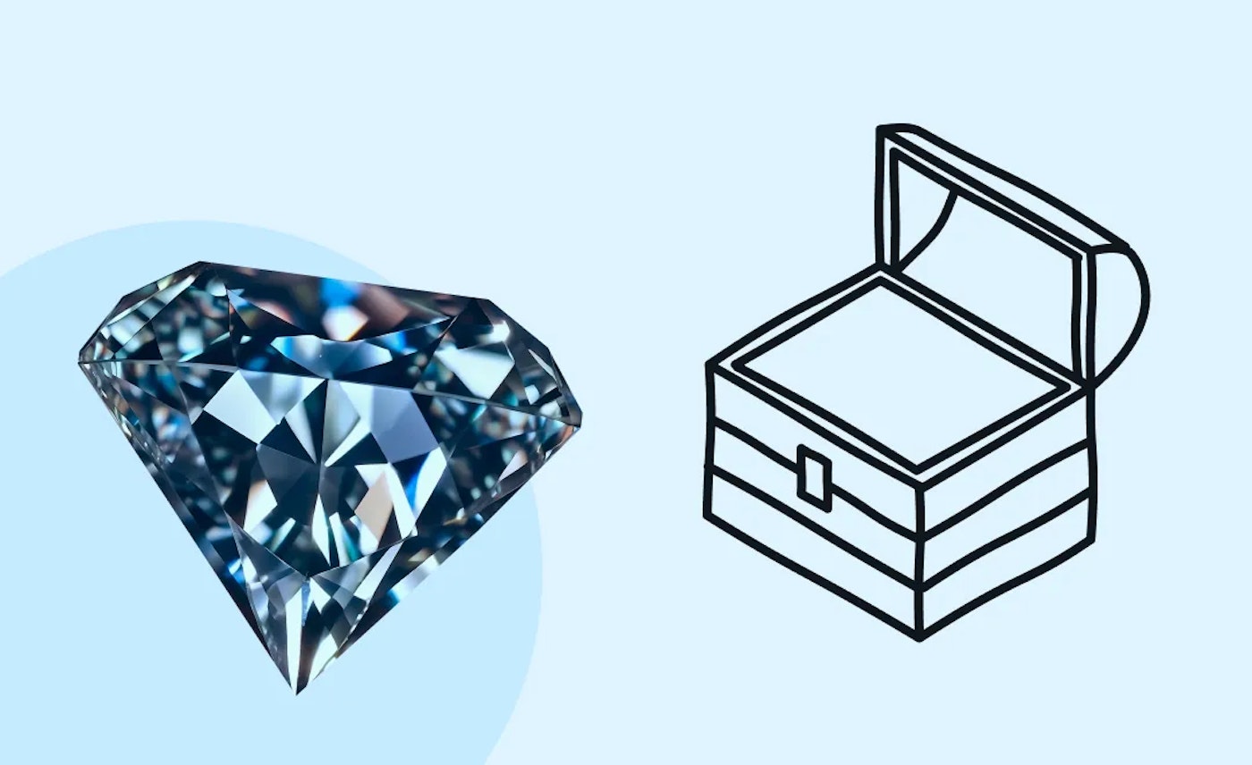 Illustration of a treasure chest, and a photo of a gem stone on a light blue background