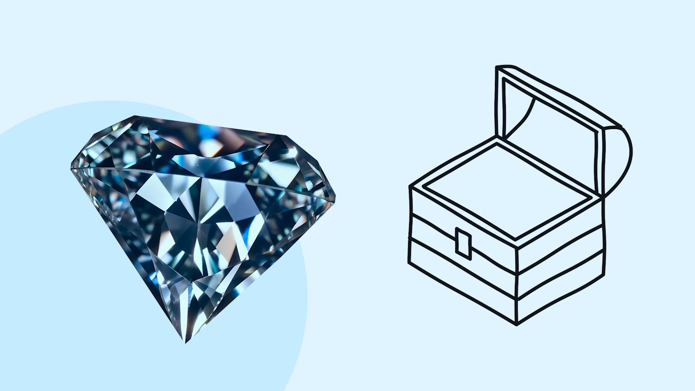 Illustration of a treasure chest, and a photo of a gem stone on a light blue background