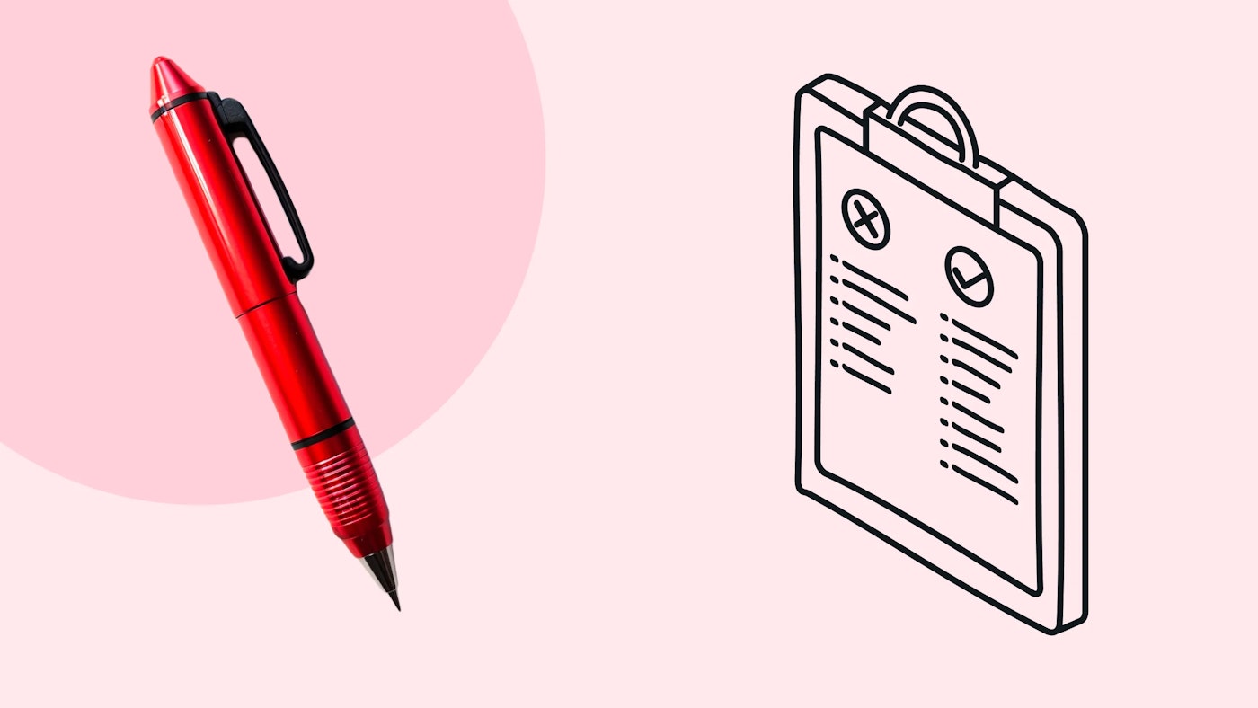 Illustration of a clipboard with a checklist and a photo of a red pen on a light red background