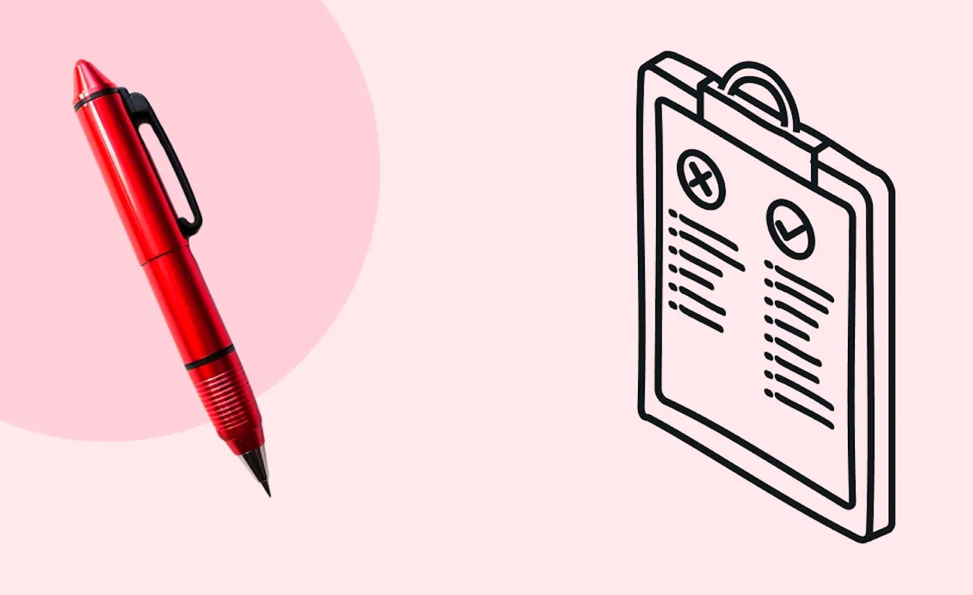 Illustration of a clipboard with a checklist and a photo of a red pen on a light red background