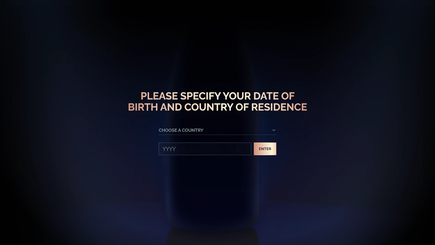 Age verification screen with a dark background asking the user to specify their date of birth and country of residence. Drop-down menus and an 'Enter' button are visible for input.