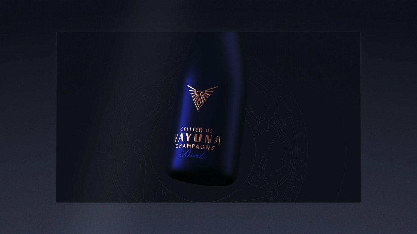 Promotional image of a VAYUNA Champagne bottle with a sleek blue gradient design, positioned against a dark background with subtle pattern details. The bottle is labeled 'Cellier de VAYUNA Champagne Brut' with a golden logo above the text.