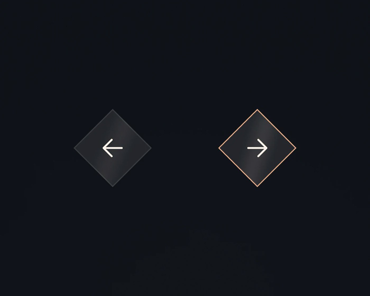 Carousel control buttons on a dark background; to the left is a back arrow inside a diamond with a subtle glow, and to the right is a forward arrow inside a diamond with an orange outline.