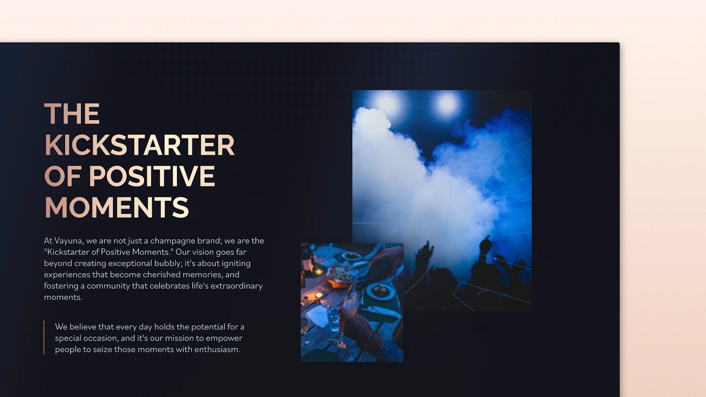 A section from the VAYUNA Champagne website titled 'THE KICKSTARTER OF POSITIVE MOMENTS' with a text block explaining Vayuna's vision of igniting cherished memories and celebrating life. The background features a collage of images including a cloud of blue smoke and people raising glasses in a toast, symbolizing celebration and enjoyment.