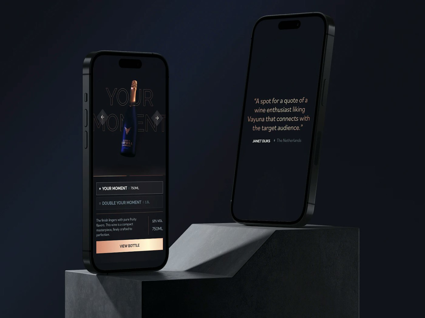 Two smartphones on display, one showing a mobile app interface for VAYUNA Champagne with product selection, and the other featuring a customer testimonial. The phones are set against a minimalist background that highlights the sleek design of the app.