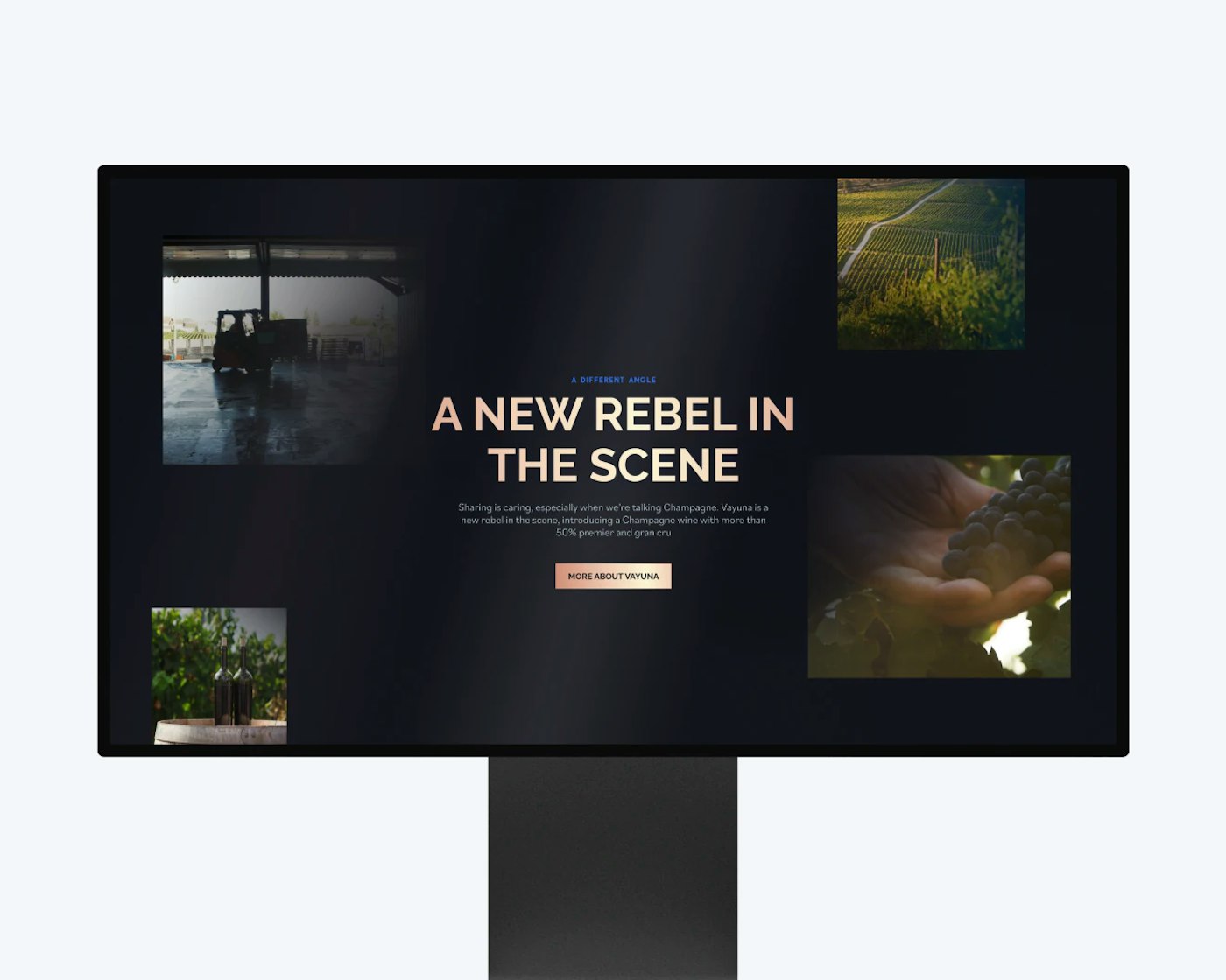 Monitor displaying a webpage for VAYUNA Champagne with a bold headline 'A NEW REBEL IN THE SCENE' and a collage of images, including vineyards and grapes, reflecting the brand's unique approach. A button invites to learn more about VAYUNA, all set within a dark-themed layout.