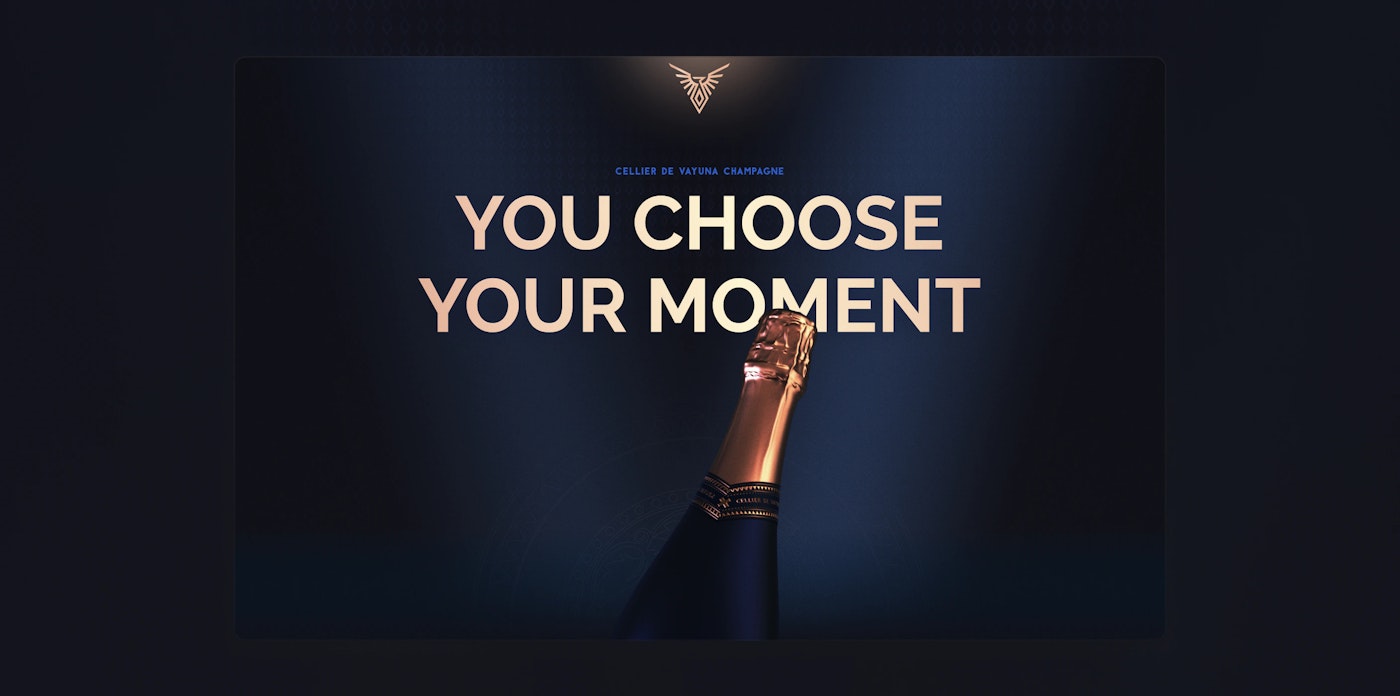 Elegant hand holding a tilted champagne bottle with a popping cork, against a dark background with text 'THE NEW WAY TO ENJOY CHAMPAGNE' in bold white letters, alongside a logo with wings and the tagline 'A DIFFERENT ANGLE'