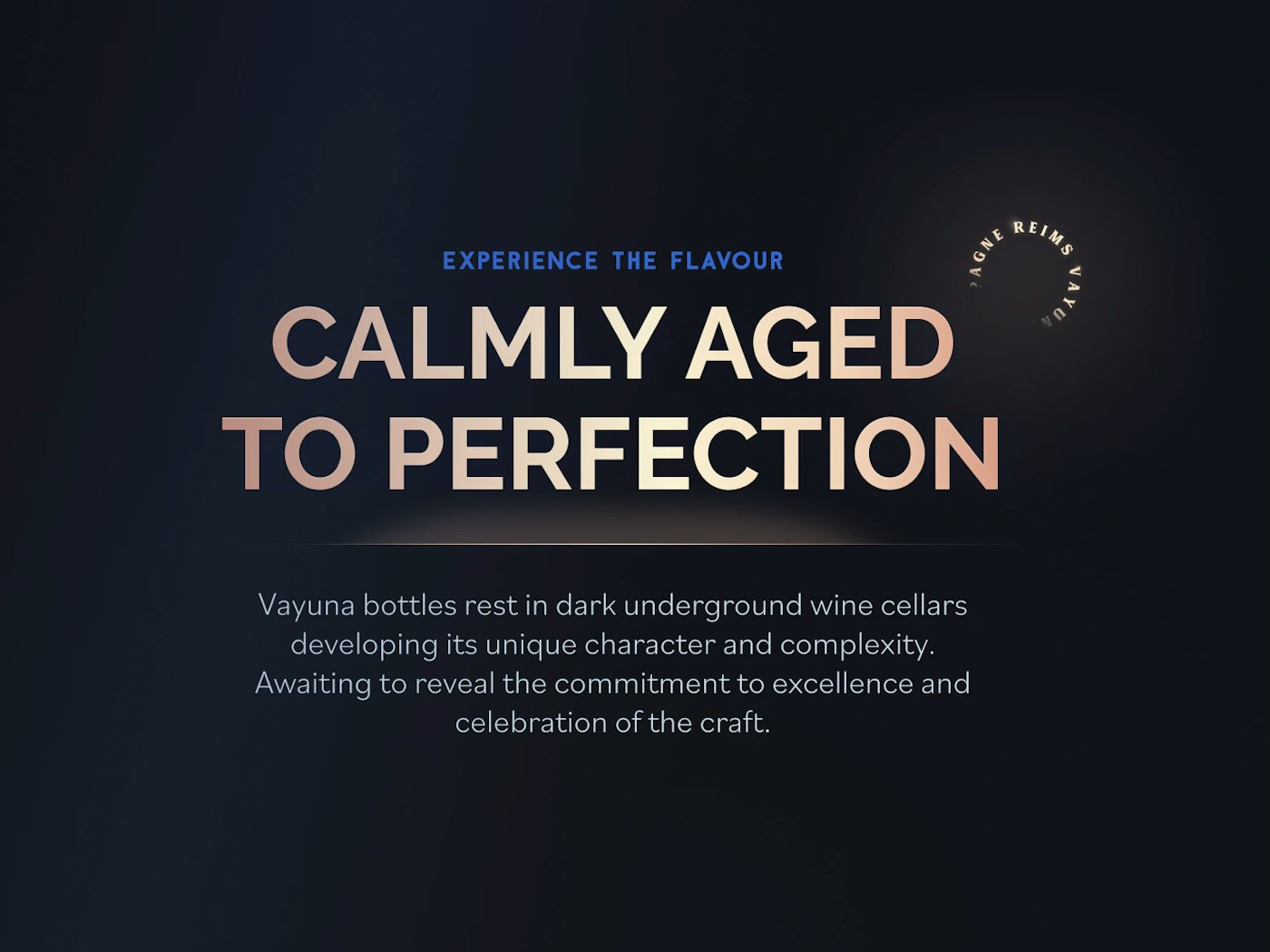 Screen grab of a website for VAYUNA Champagne emphasizing their unique taste with a bold headline and a note about the origin of their grapes, set against a dark background for an elegant feel.
