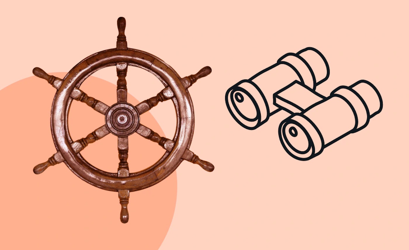 Illustration of binoculars, and a photo of a boat helm on a light orange background