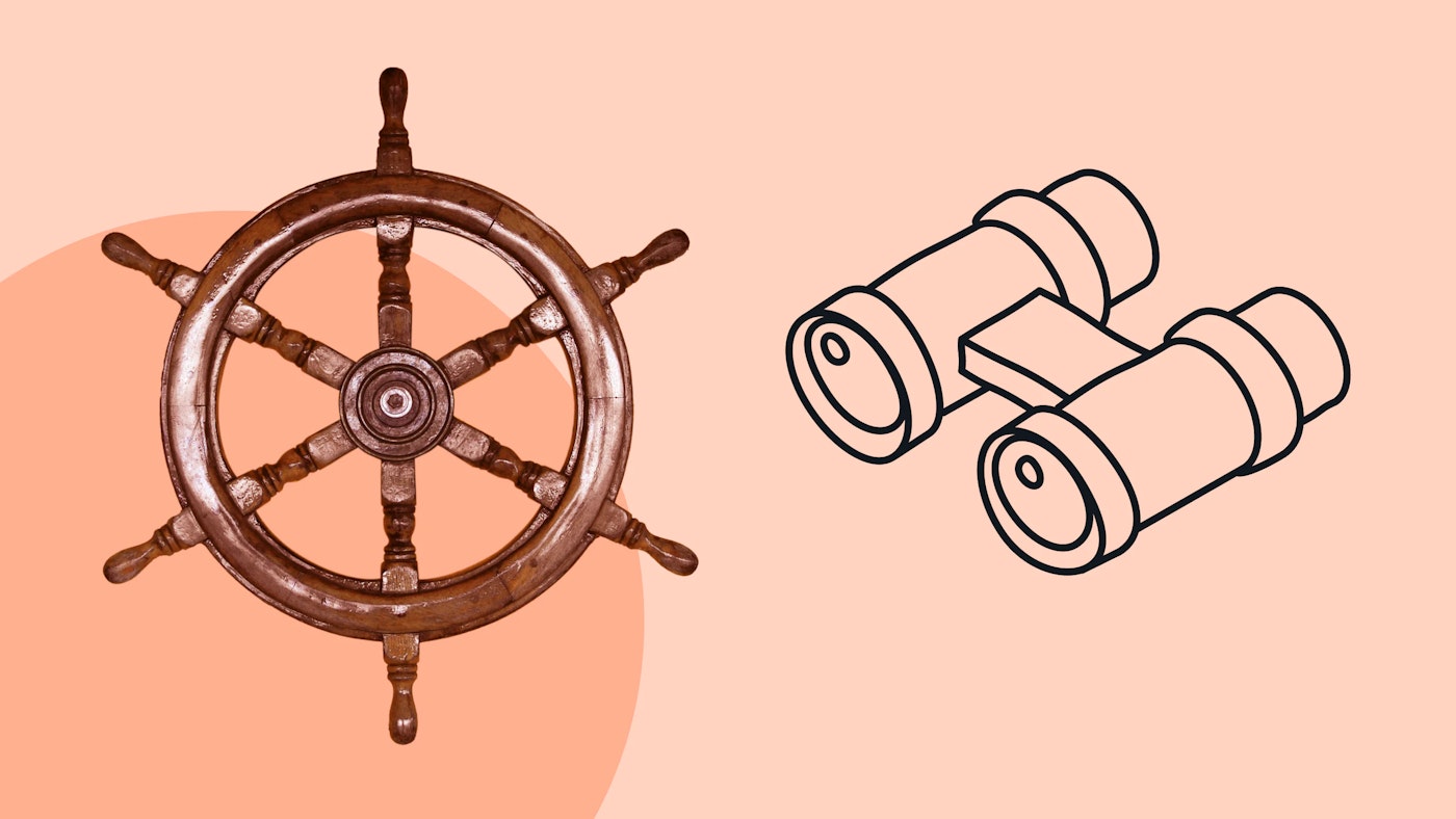 Illustration of binoculars, and a photo of a boat helm on a light orange background