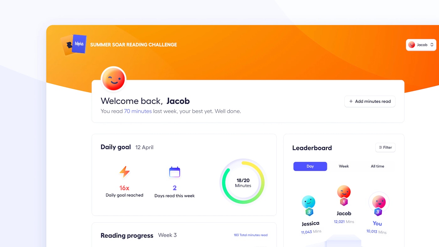 Crop of a webpage that shows a dashboard. The dashboard has a large orange header and some white cards that each contain copy and/or statistisc.