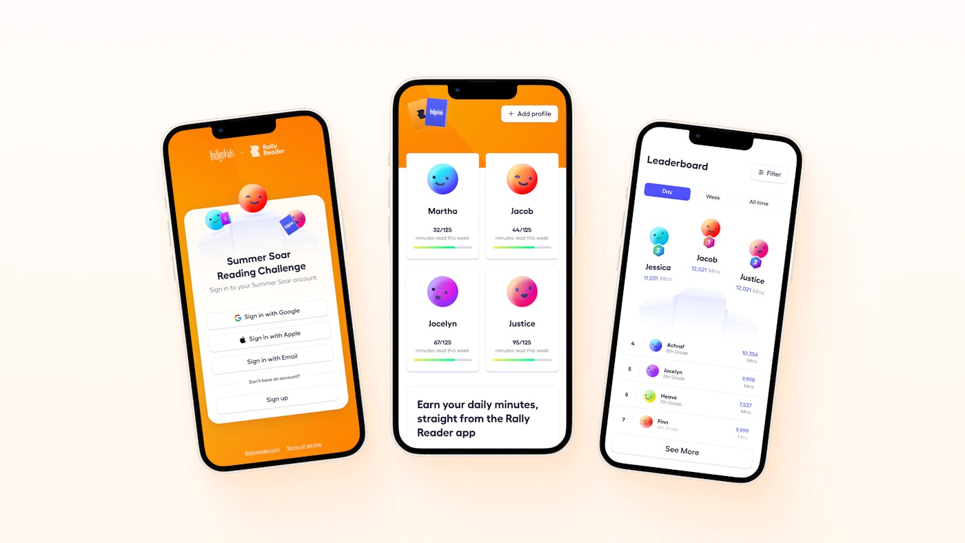Three smartphones display a reading challenge app. The left screen shows a summer reading challenge sign-up. The middle screen shows user profiles with reading progress. The right screen displays a leaderboard ranking users by minutes read.