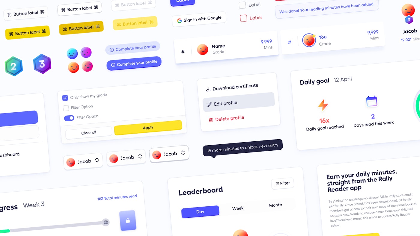 An overview of  various colorful UI elements including buttons, labels, input fields, progress bars, daily goals, leaderboards, and user profiles. The design features bright colors like yellow, blue, and red, and interactive icons and badges.