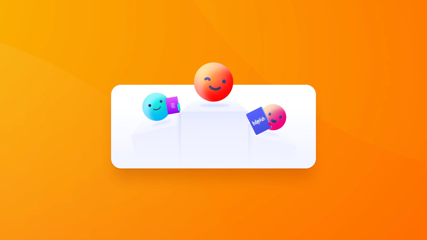 Three round characters in blue, orange, and pink stand on a podium against an orange background. The orange character smiles and stands in the center on the highest step, holding a blue book labeled "Logic." The blue and pink characters hold objects.
