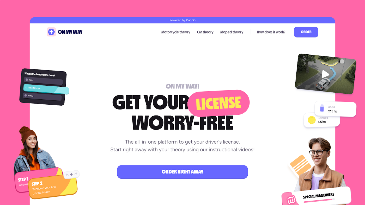 Bright promotional webpage for 'On My Way!' driving platform, with the slogan 'Get Your License Worry-Free' in bold text. Illustrated features include steps for starting driving lessons, mock test options, progress tracking, and video tutorials. Images of smiling young people and instructional graphics add a friendly, engaging vibe to the design.
