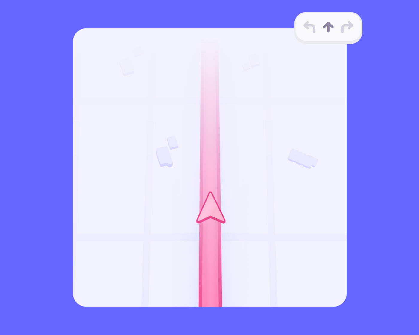 Simplified navigation map with a pink directional arrow pointing forward along a path, set against a light map grid background. A control icon in the top right shows directional options, while the overall design is minimalistic and framed by a bold blue background.