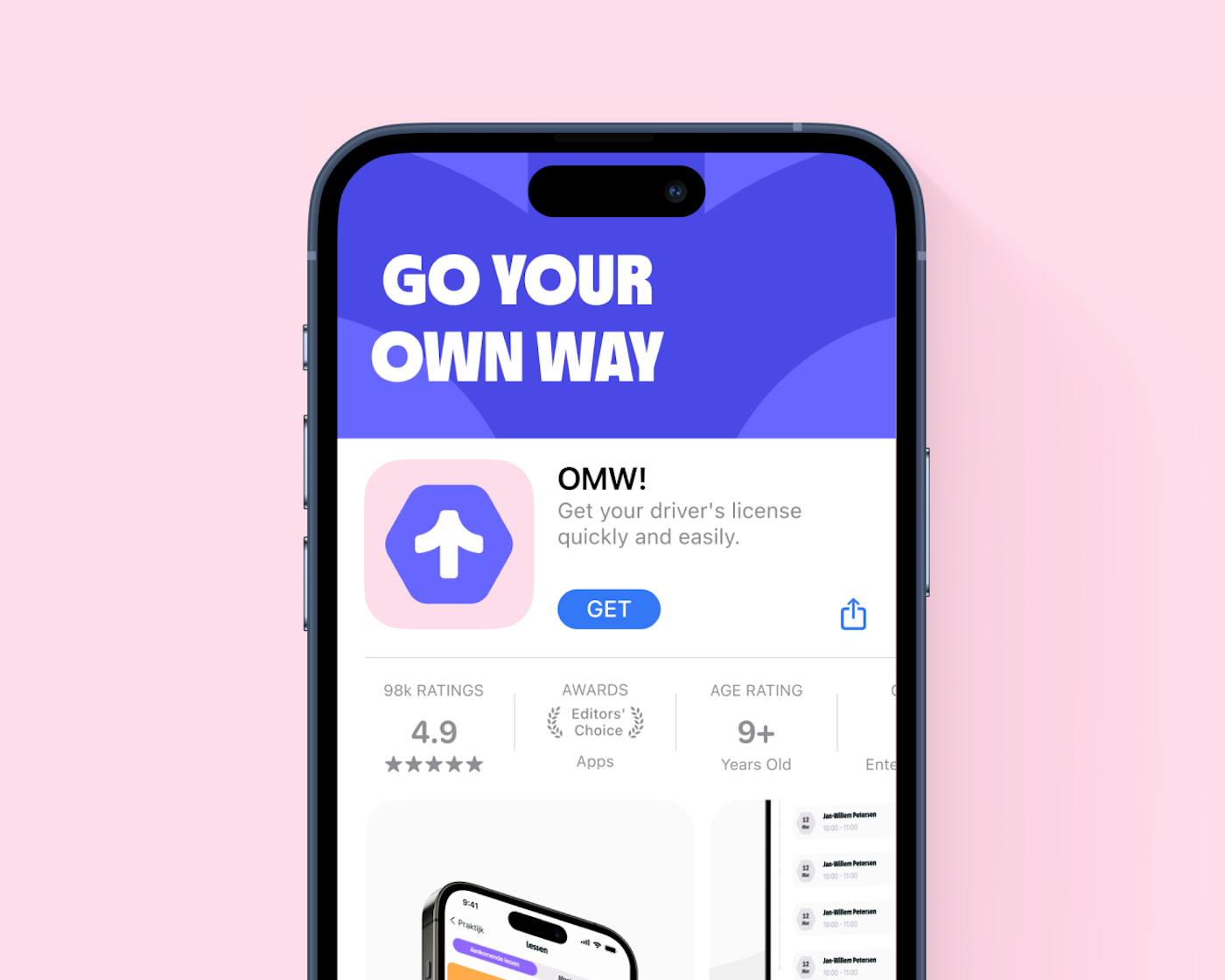 App store preview of 'OMW!' driving app on a smartphone screen with the slogan 'Go Your Own Way' displayed prominently. The app description reads, 'Get your driver’s license quickly and easily,' with a high rating of 4.9 stars from 98k ratings and an Editors’ Choice award. The interface is clean, with a blue and purple theme against a pastel pink background.