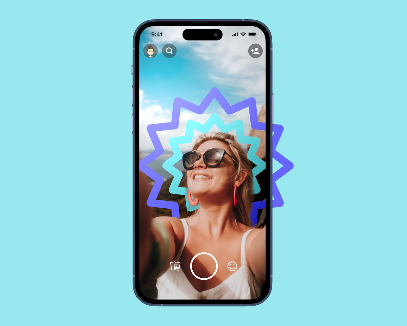 Smartphone screen showing a selfie of a smiling woman wearing sunglasses and red earrings, framed by a vibrant blue starburst filter. The interface resembles a social media app camera view, with icons for capture, filters, and profile settings. The bright background and playful filter give a fun, carefree vibe.