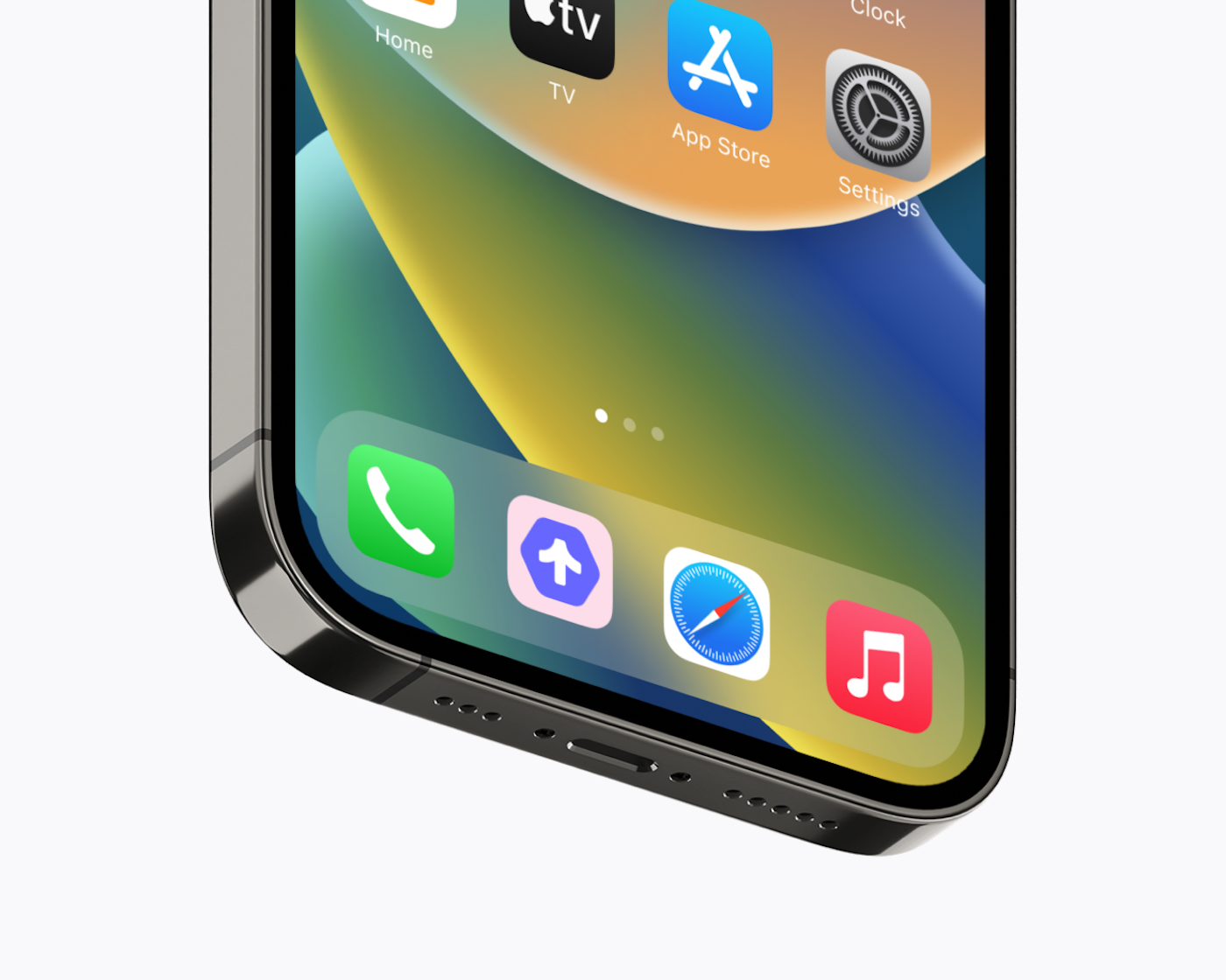 Close-up of a smartphone home screen with the 'On My Way' app icon displayed prominently in the dock alongside icons for Phone, Safari, and Music. The 'On My Way' icon features an upward arrow on a purple background, standing out against the colorful gradient wallpaper on the device.