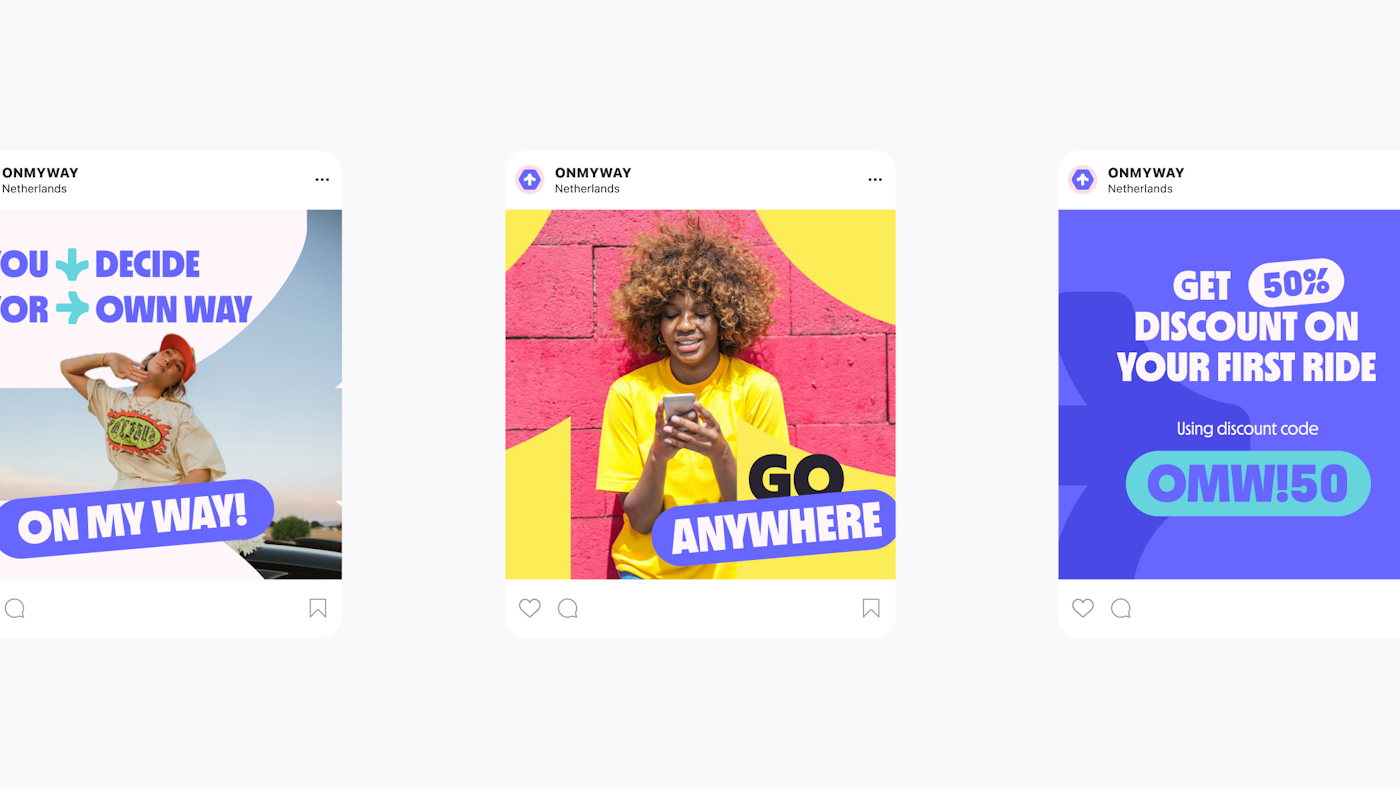 Alt text: "Three Instagram-style promotional posts for 'On My Way.' The first post features a young person leaning out of a car with the text, 'You decide your own way' and 'On My Way!' The second post shows a person smiling at their phone in front of a red wall with the phrase 'Go Anywhere.' The third post offers a '50% discount on your first ride' with the code 'OMW!50' in bold text. Each design is colorful and eye-catching, emphasizing independence, mobility, and savings.