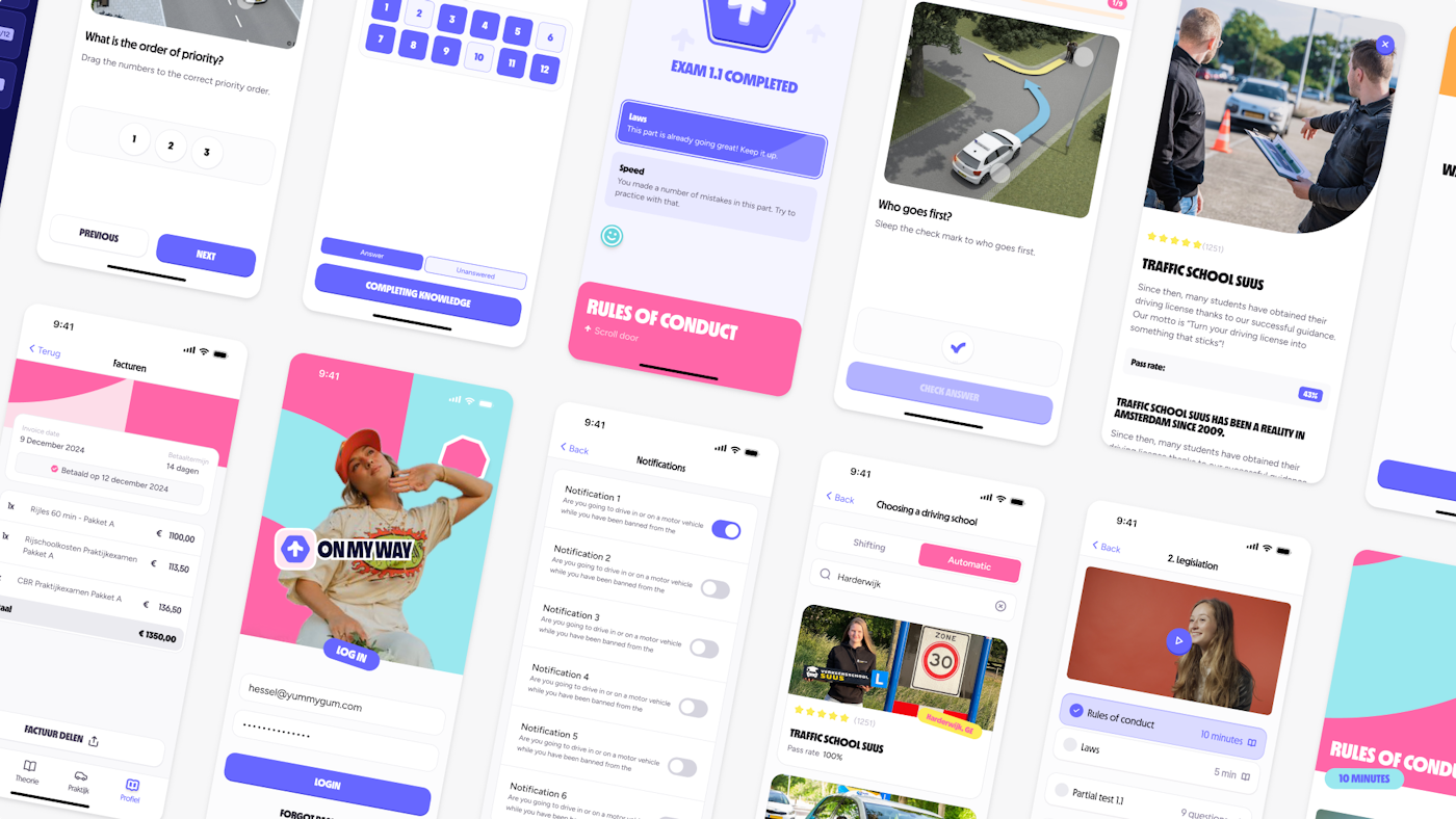 A collage of mobile app screens from the 'On My Way' driving app, showcasing various features including practice exams, progress tracking, driving school selection, user notifications, and login interface. The design includes colorful elements with instructional prompts, interactive quizzes, and options for choosing and learning from driving schools. The interface is modern and user-friendly, emphasizing a comprehensive learning experience for driving students.