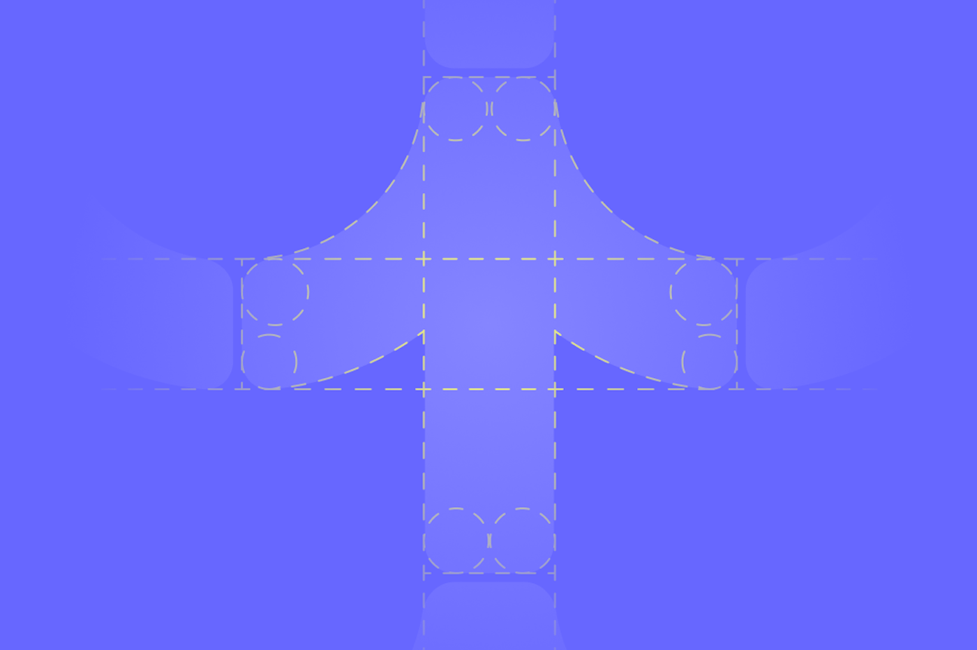 Abstract blueprint-style design in blue and purple tones, featuring a stylized upward arrow shape outlined with dashed lines and circular accents. The geometric layout gives a technical, directional feel, suggesting navigation or structure.