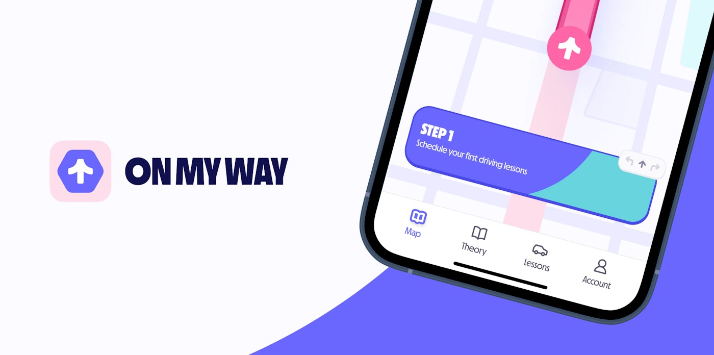 Partial smartphone screen displaying the 'On My Way' app interface, featuring a navigation map and the first step labeled 'Stap 1: Je eerste rijles inplannen' (Step 1: Schedule your first driving lesson). The bottom menu includes icons for route map, theory, practice, and profile. The app's logo is shown on the left, with a clean and modern design on a white and blue background.