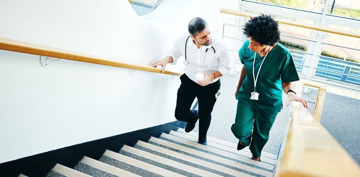 Healthcare workers on a staircase