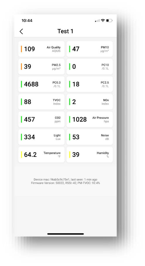NanoView App Colors for Pollutant Readings