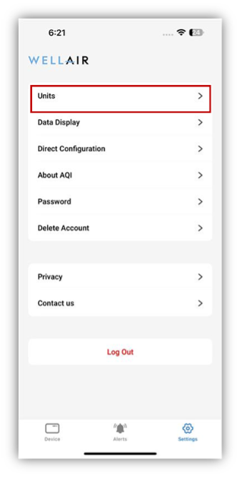 NanoView Available User Settings - Units