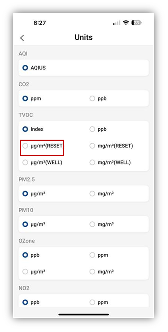 NanoView Available User Settings - Units 2