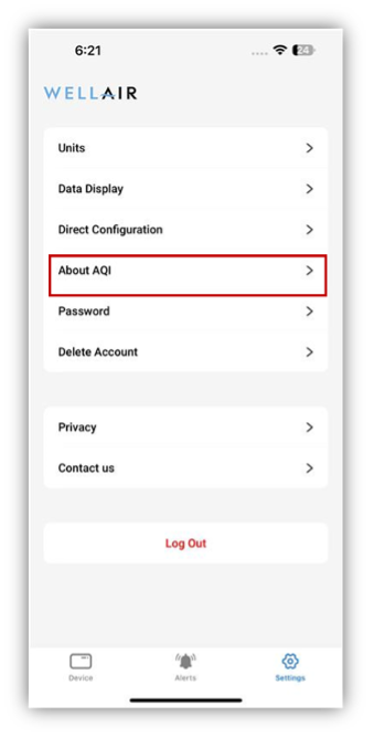 NanoView User Settings - About AQI