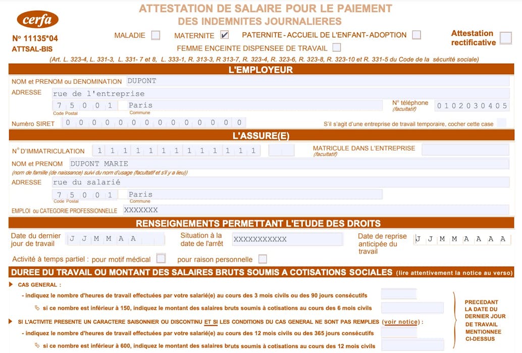attestation de salaire de maternité
