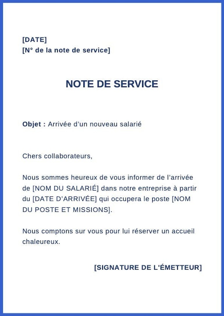 Note de service annon ant l arriv e du nouveau salari la r diger