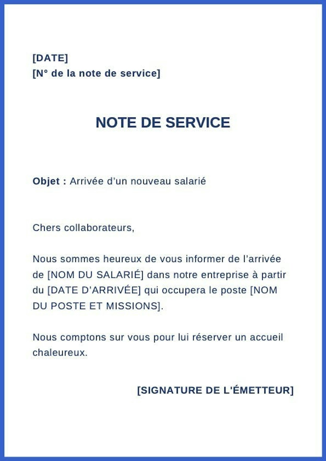 Note de service annonçant l’arrivée du nouveau salarié la rédiger