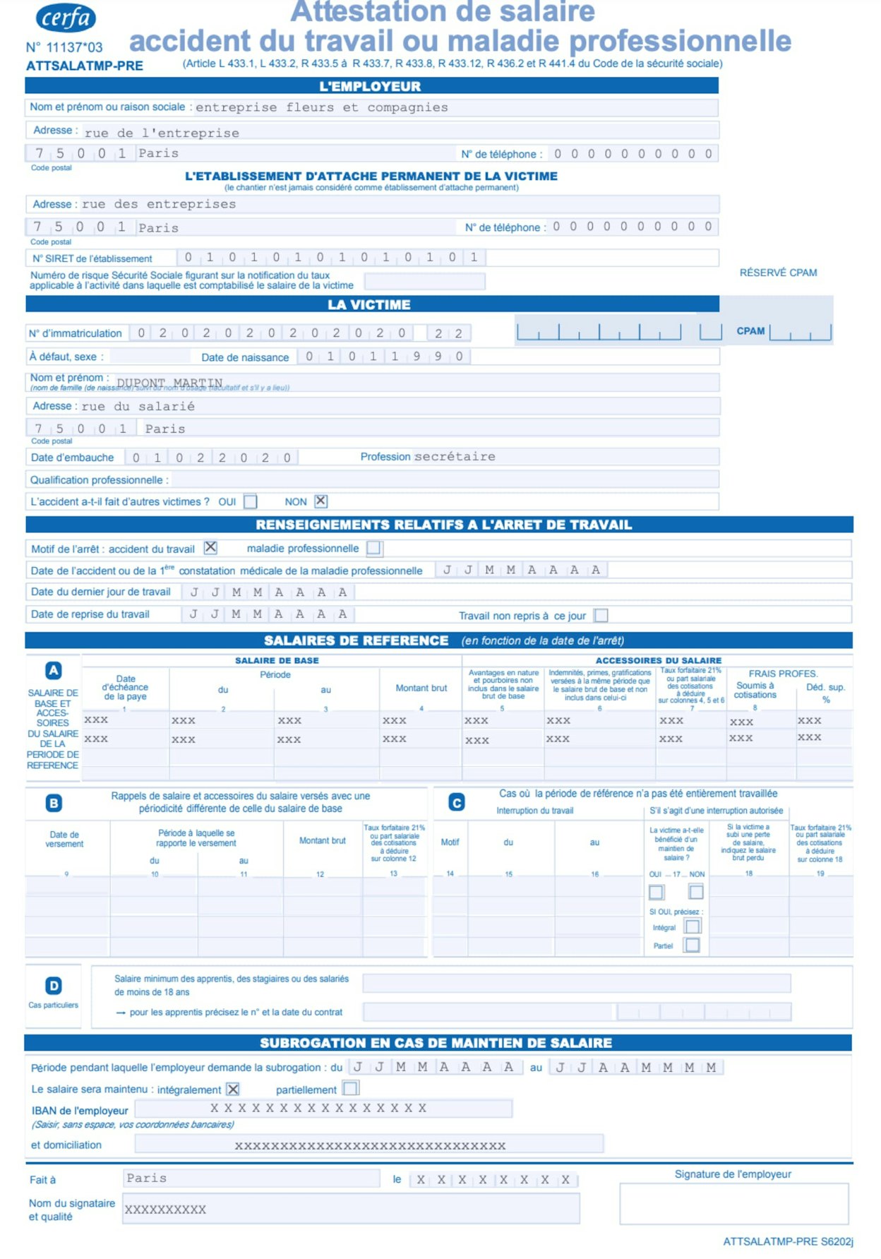 attestation de salaire accident travail
